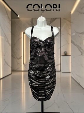 Colori, Camo Ruched Bodycon Dress, Size L, Stretch, Party Club, Mini Dress